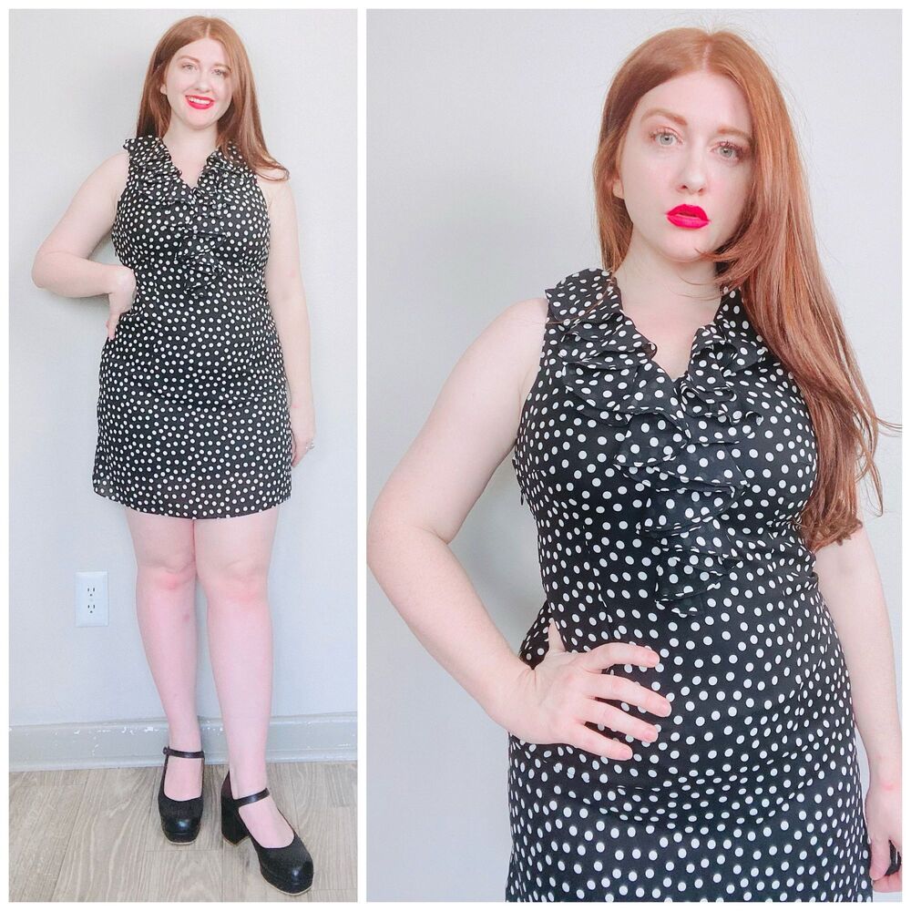 1990s Vintage Polka Dot Mini Dress / 90s Black White Sleeveless Shift Large